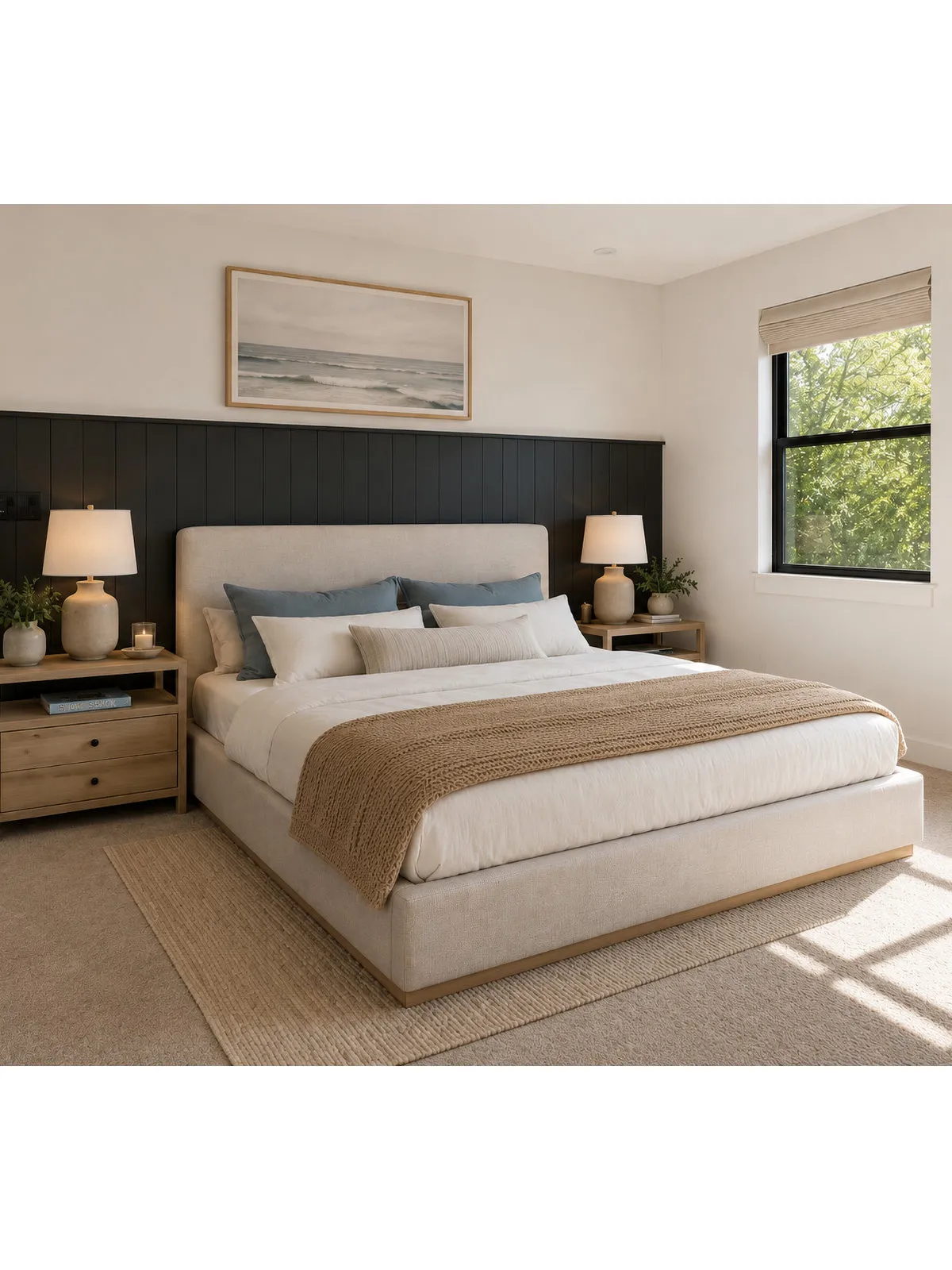 A pale upholstered bed sits between timber bedside tables against a dark paneled wall.