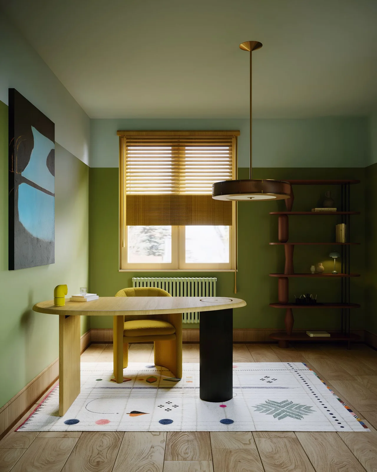 Olive green lower walls and shelving surround a wooden desk with a dark leg, yellow chair and yellow blind beneath paler upper walls