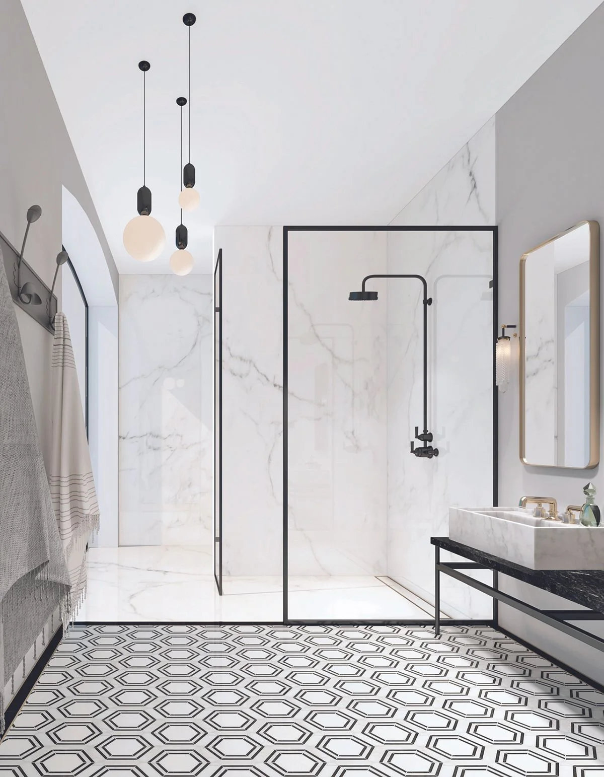 A pale bathroom has black shower-screen and fixture lines, an open dark washstand, outlined hexagonal flooring and white globe lights on black stems