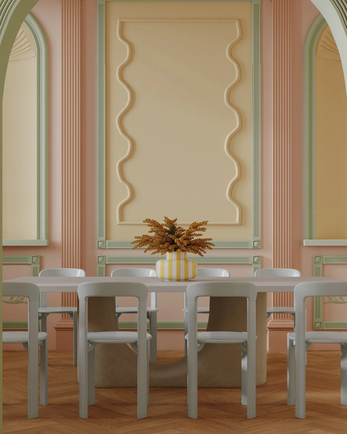 Pastel dining room with decorative curved wall panels, pink vertical trim, pale green borders and a simple light table and chairs