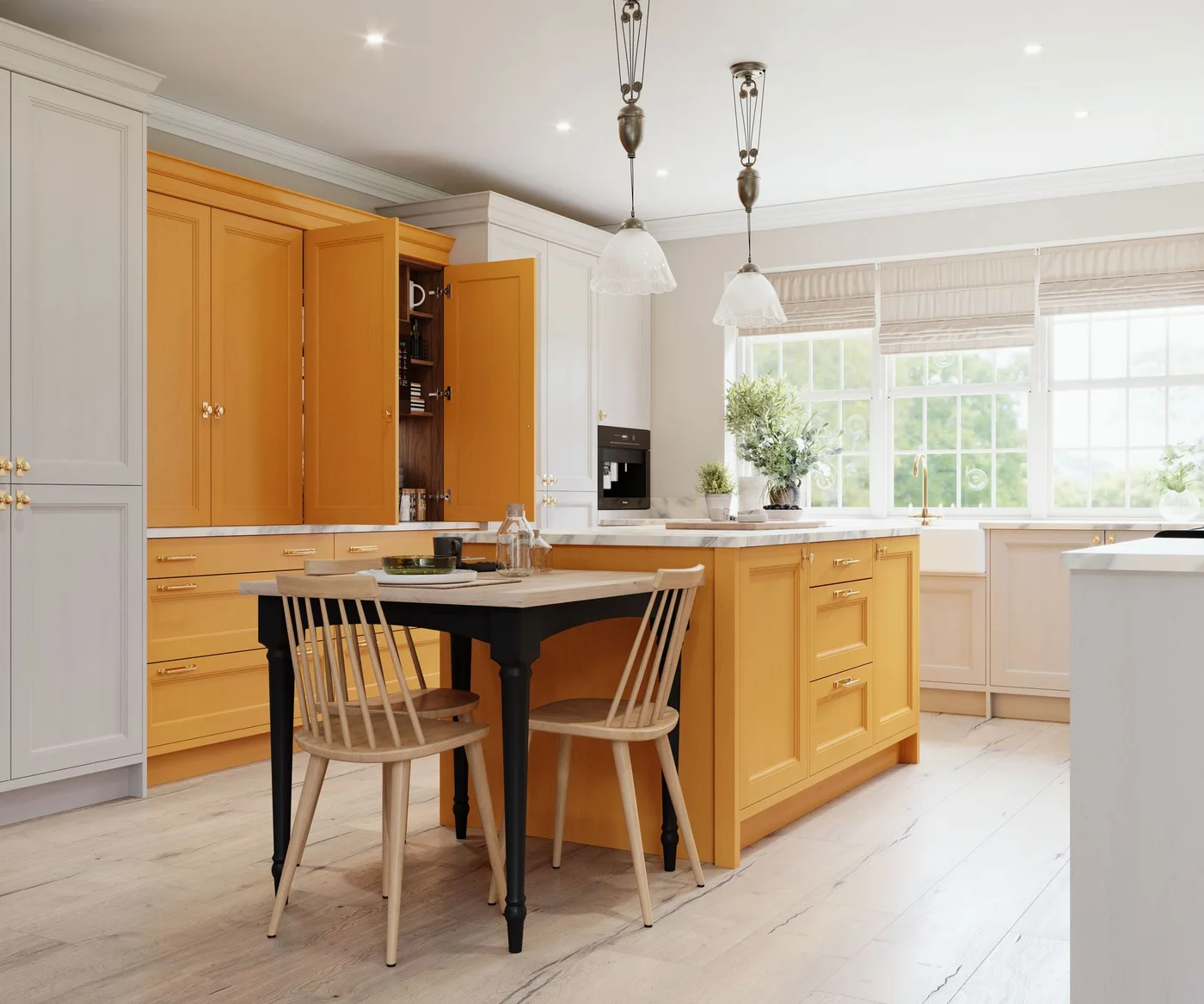 A small dark table with wooden chairs sits beside a yellow kitchen island, yellow cabinets and pale tall cupboards