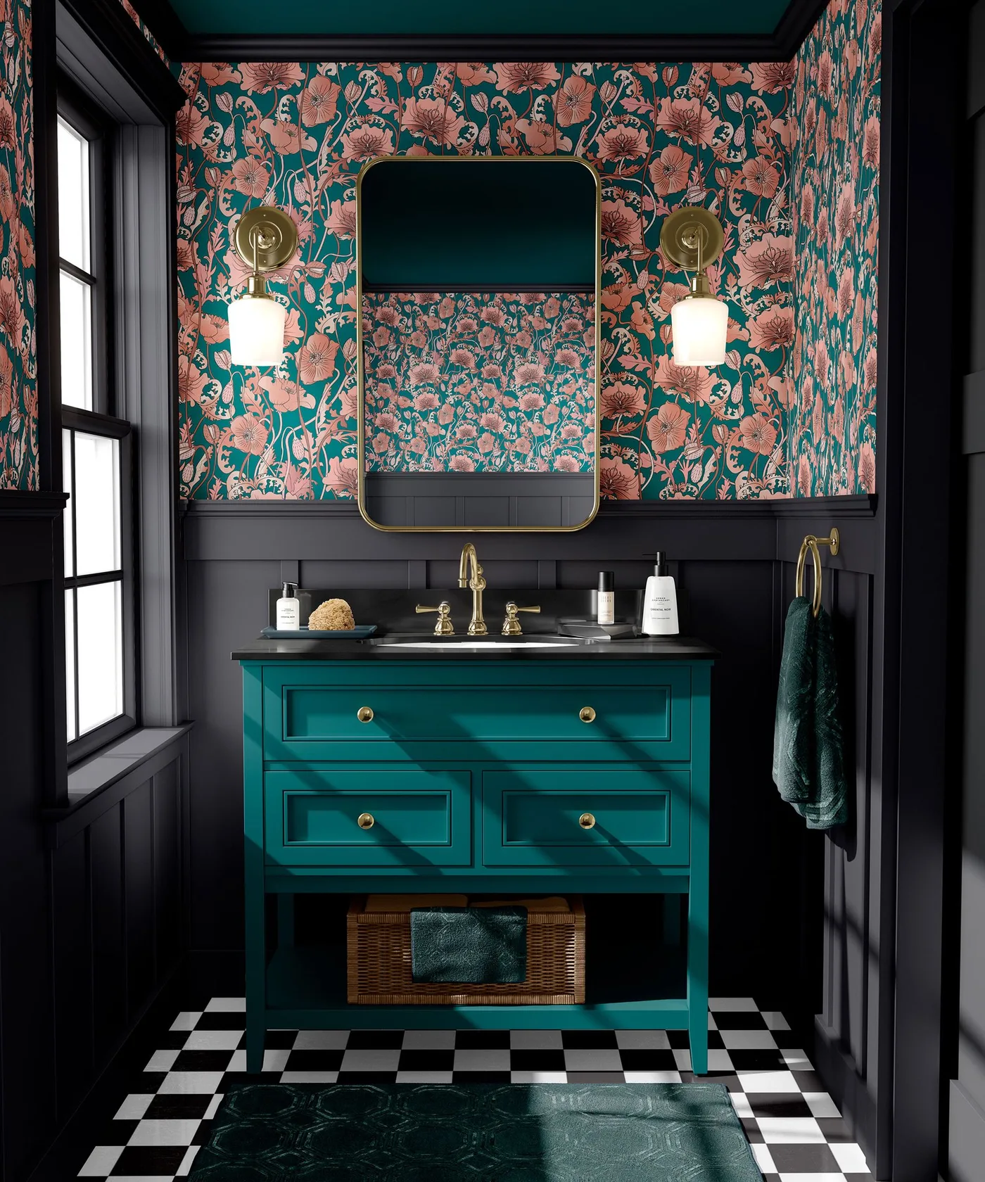 Dark paneled washroom with coral floral wallpaper, green vanity and tall warm-toned mirror