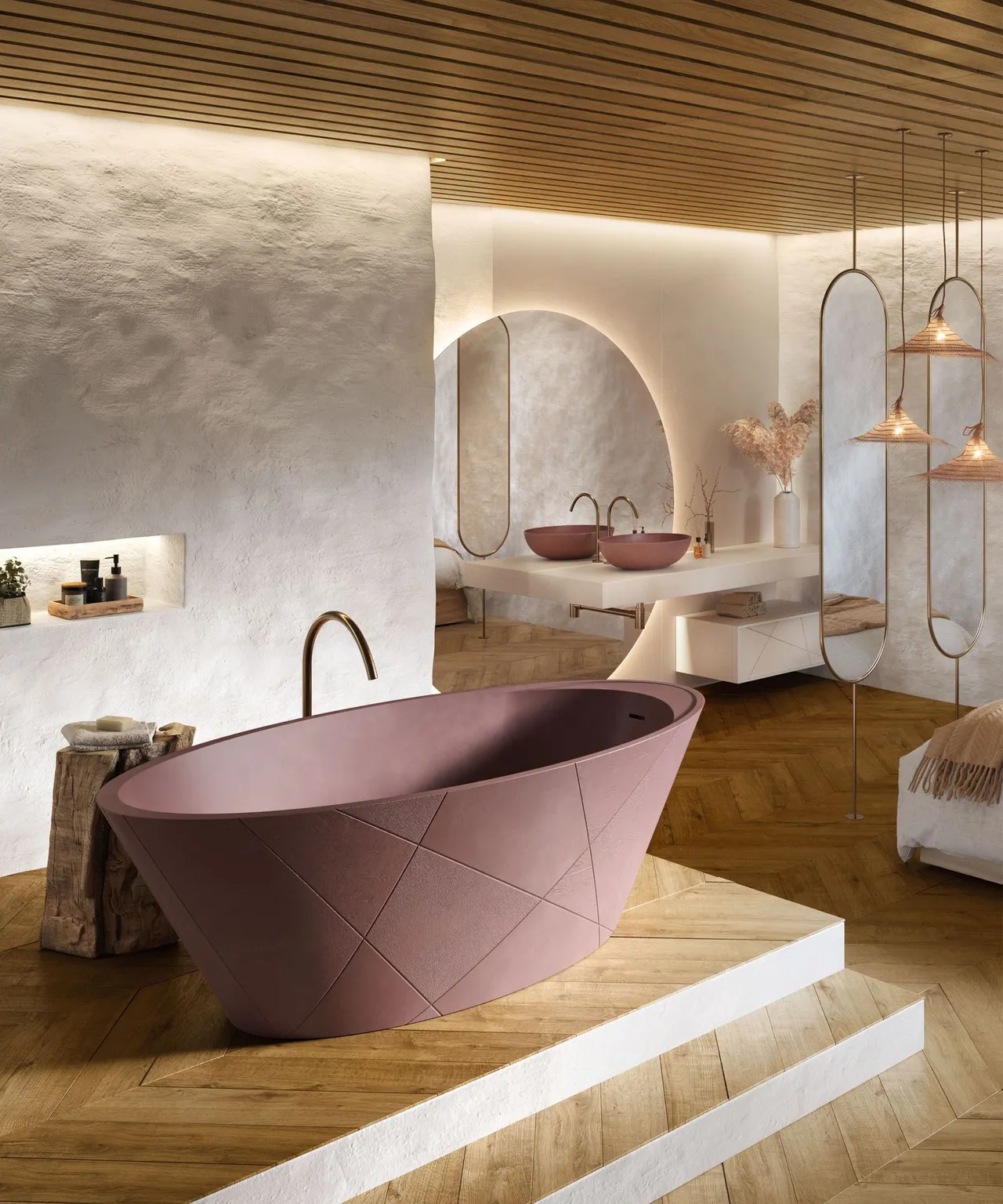 A muted pink bath stands beneath warm timber ceiling details beside pale walls.