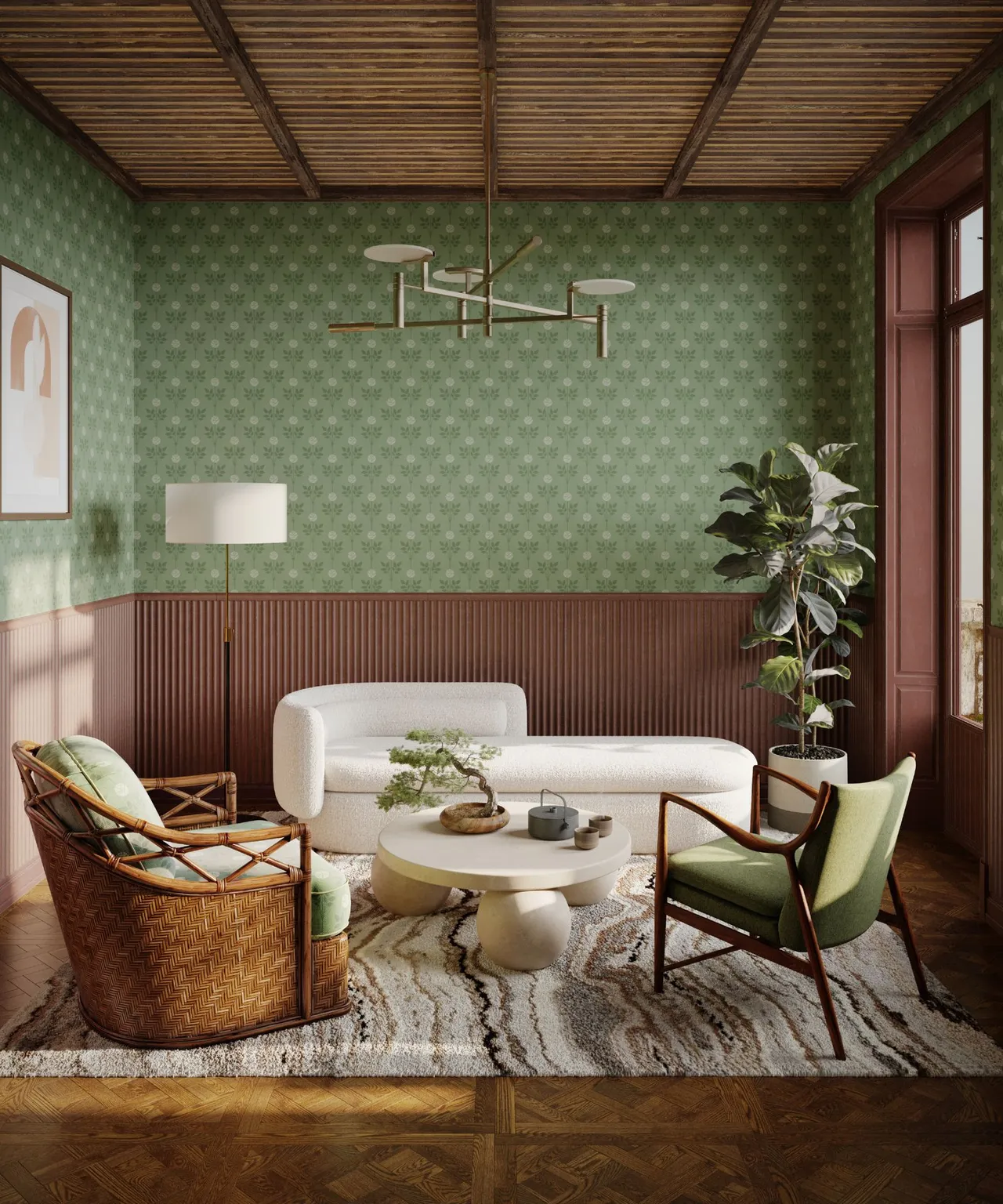 A pale sofa and woven chair sit beneath a timber ceiling beside green patterned walls.
