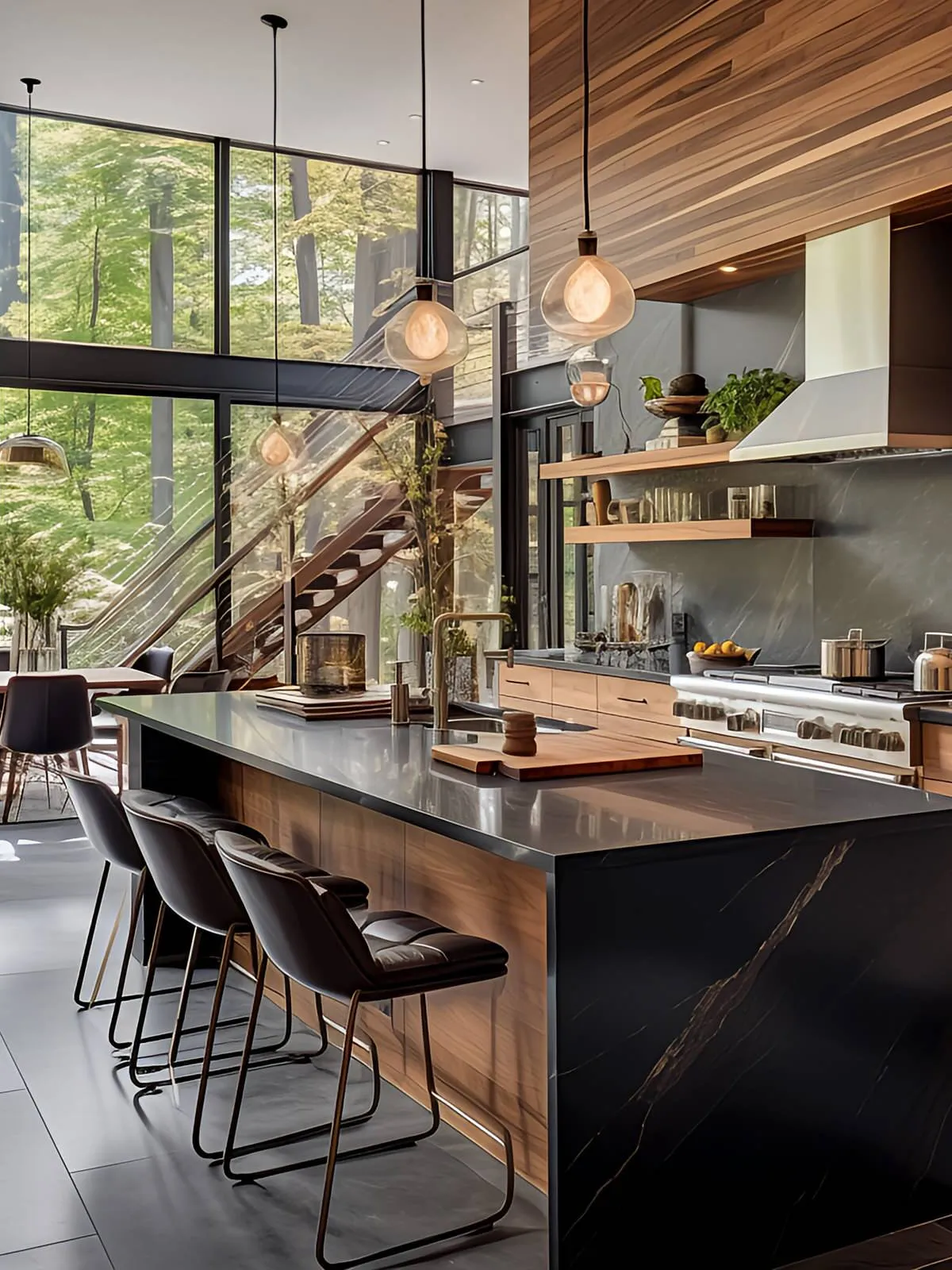A dark island worktop and side panel sit below high timber wall cladding beside large windows