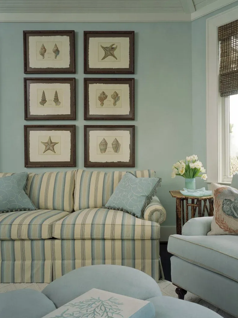 Blue-green room with a pale striped sofa, matching-toned armchair and six framed shell illustrations.