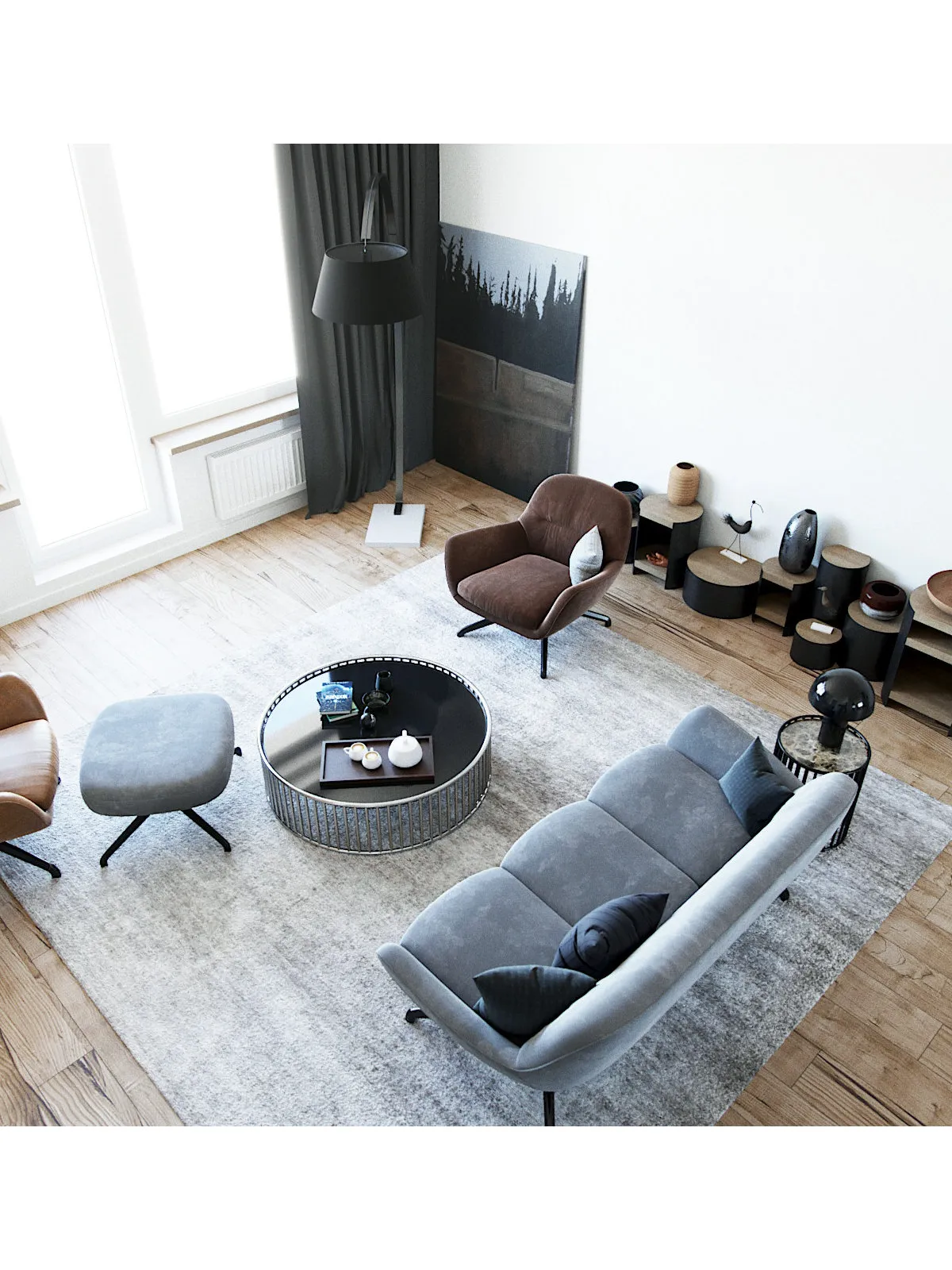 A gray sofa and small rounded tables sit beside a broad window.
