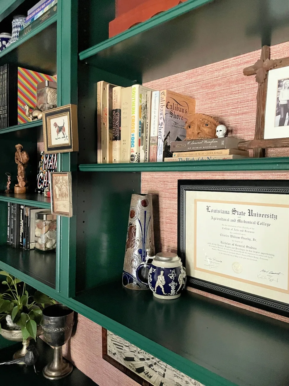 Close view of green office shelves with books, framed keepsakes and a contrasting pale pink back panel.