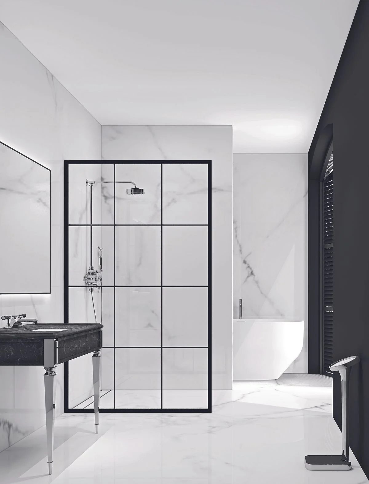 A black grid screen stands in a pale veined bathroom beside a dark basin on an open chrome-colored stand and a white bathtub