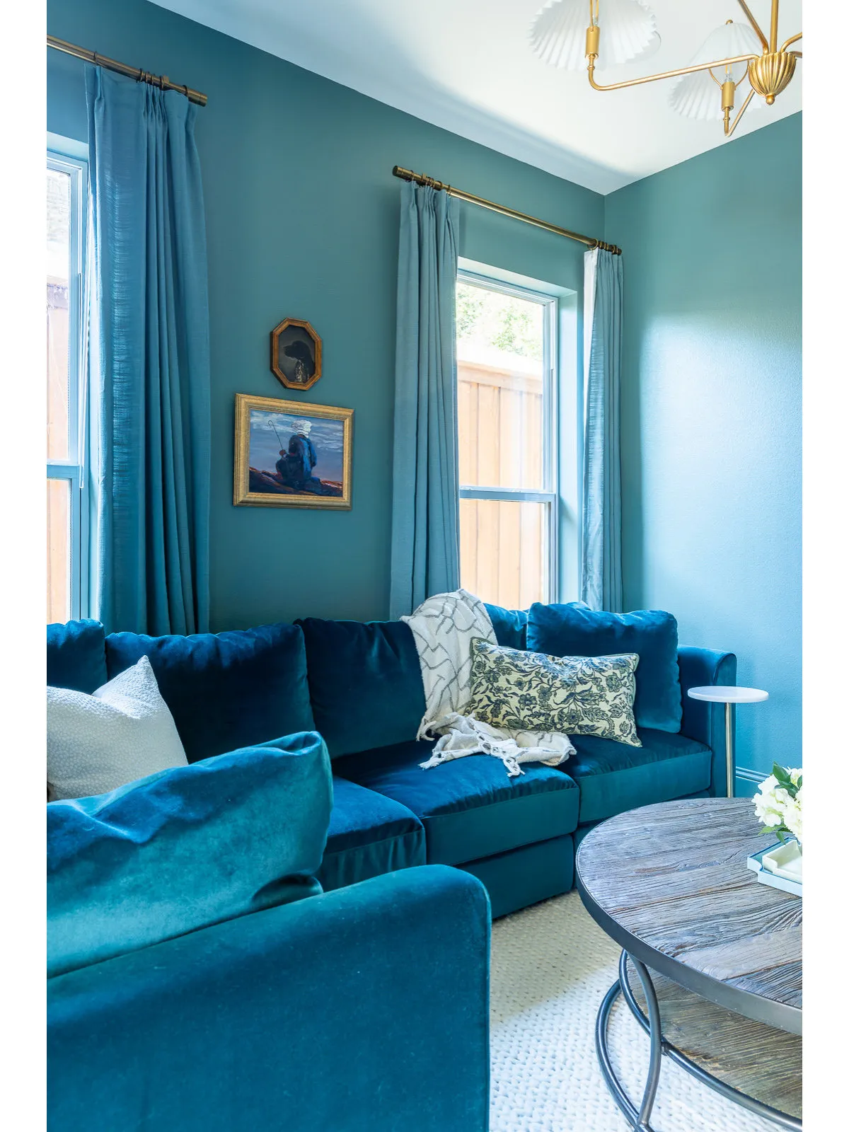 Blue walls and seating gather beside light windows with plain curtains.