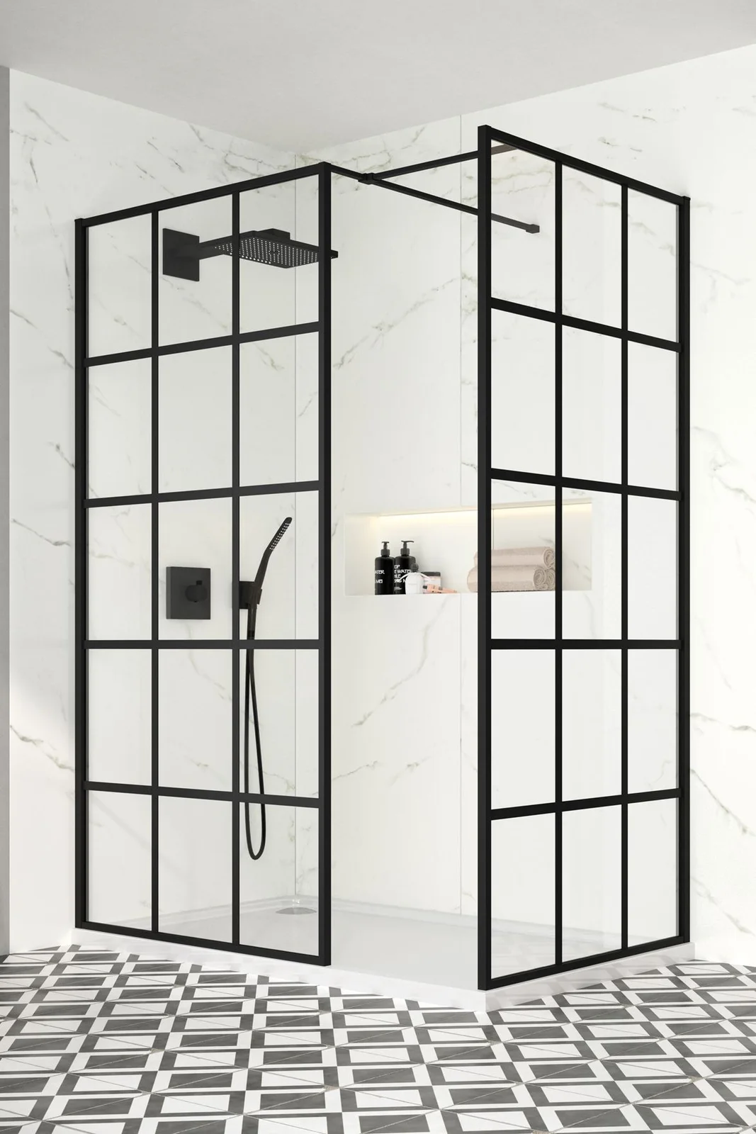 Black grid-framed shower glazing stands beside pale veined walls, black fittings and a black-and-white geometric floor