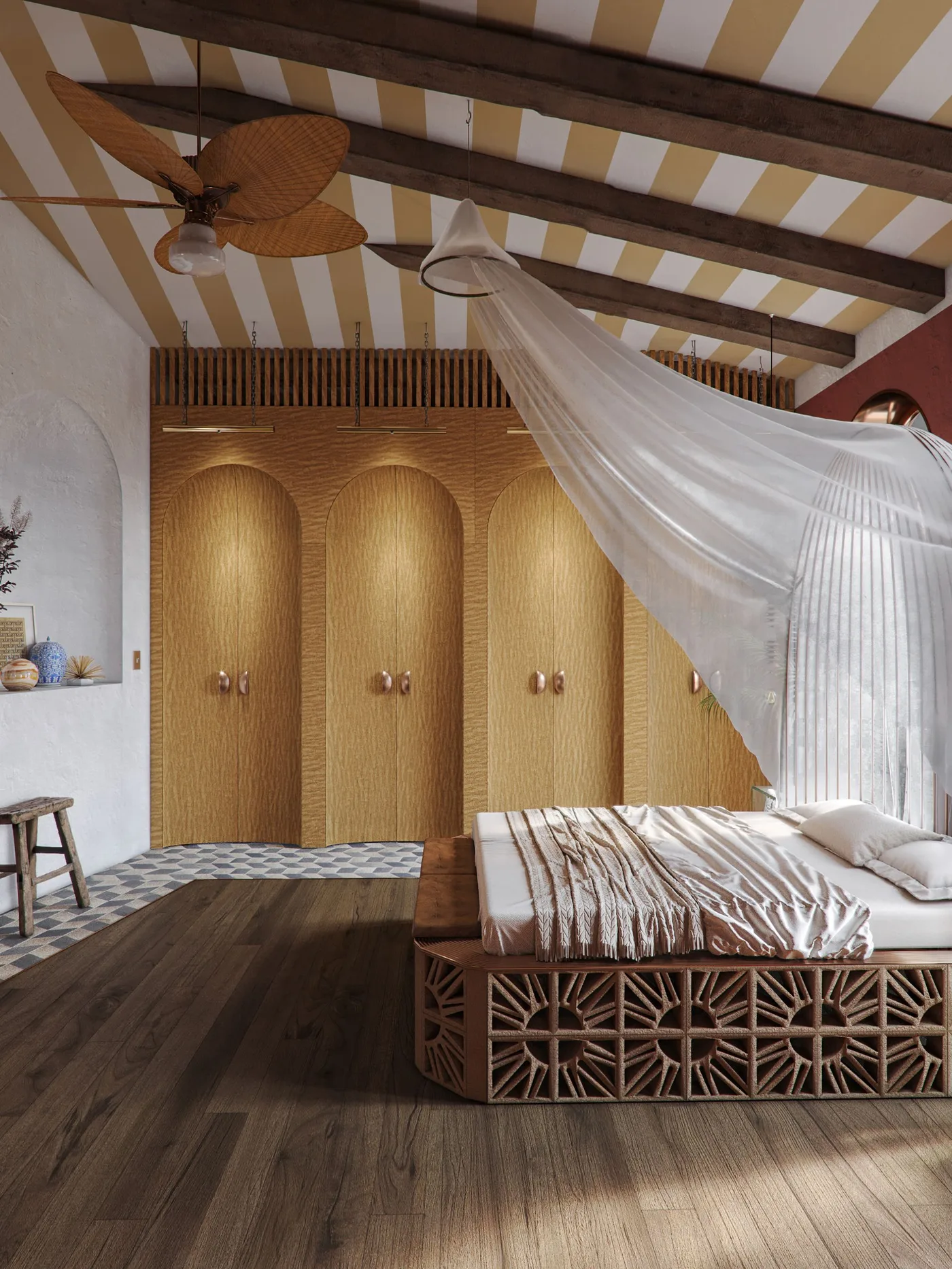 Ochre-and-pale striped bedroom ceiling above arched wood storage doors and a bed with a light canopy