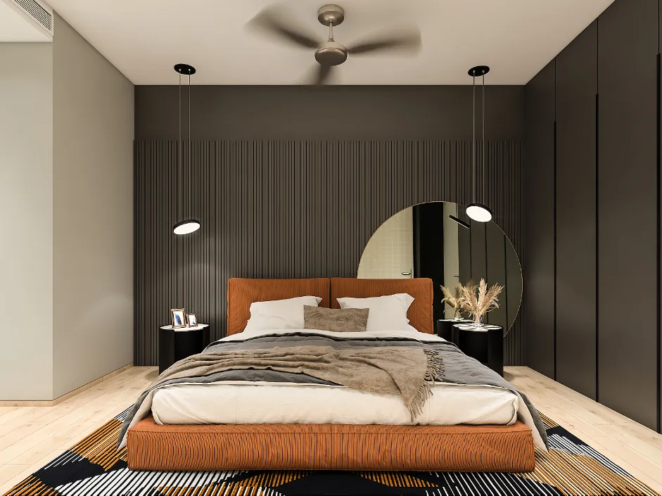 A warm-toned upholstered bed stands against a dark slatted wall with pendant lighting nearby.